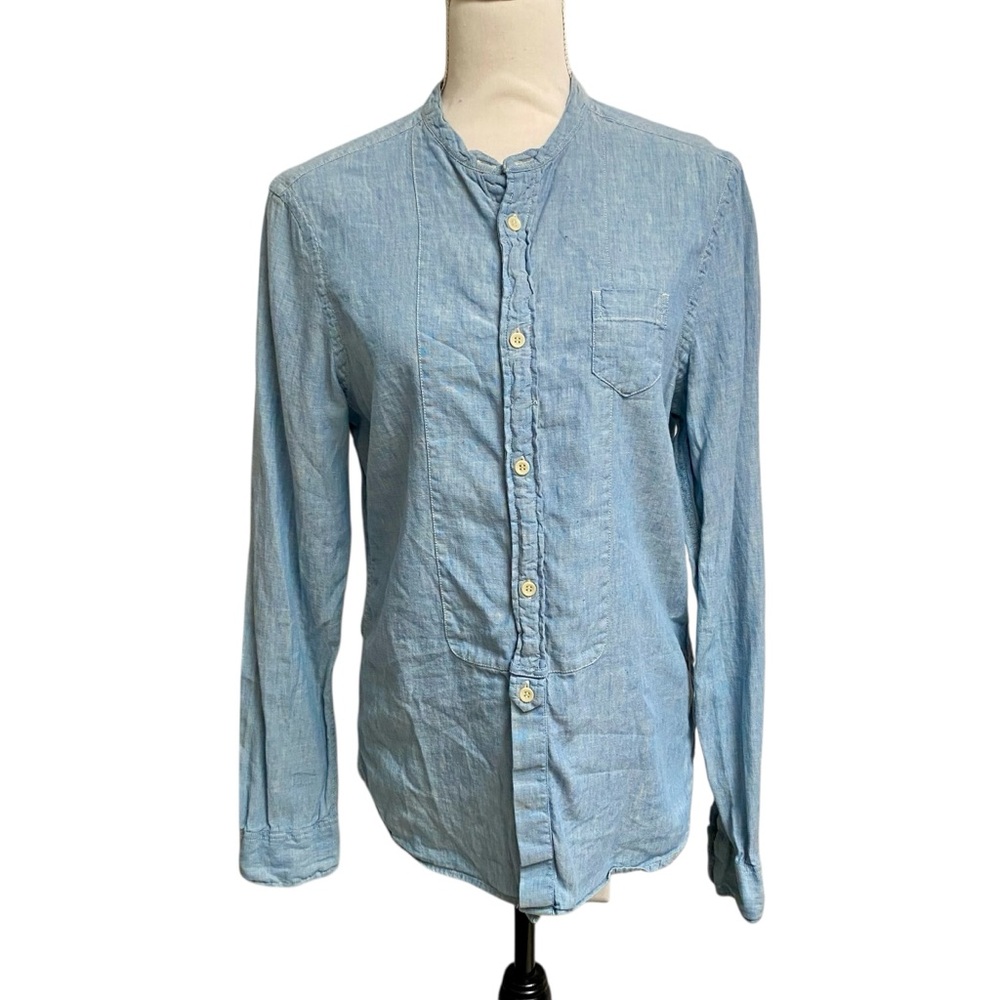 Allsaints Spitalfields Linen Chambray Band Collar Button Front Shirt Small